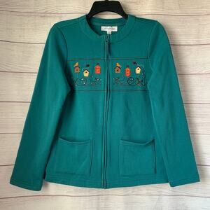Breckenridge Retro Teal Zip Up Cardigan Sweater or Jacket Embroidered Birdhouses